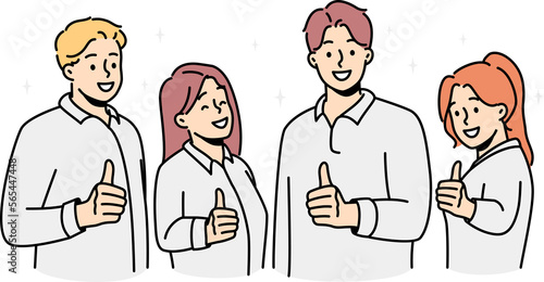 Smiling people show thumbs up giving recommendation
