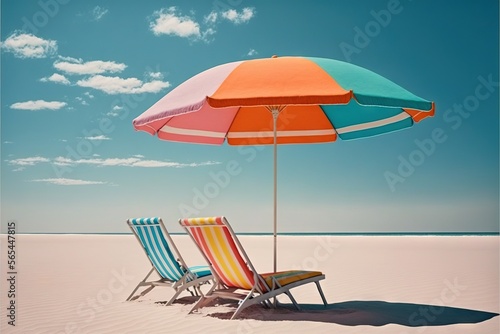  a couple of lawn chairs sitting under an umbrella on a beach with a blue sky in the background and a few clouds in the sky.  generative ai © Anna
