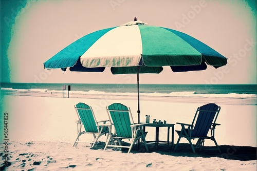  a couple of chairs sitting under an umbrella on a beach next to the ocean and a table with chairs underneath it on the beach with a blue sky background.  generative ai