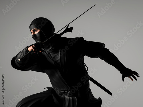 A ninja holding a ninja sword. Traditional ninja style. 3D illustration.