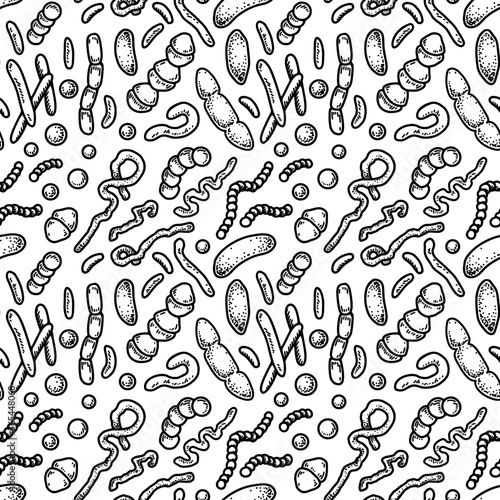 Unicellular microorganism seamless pattern. Scientific vector illustration in sketch style. Doodle background