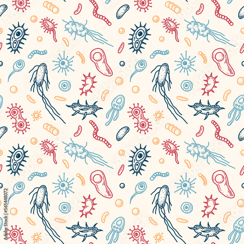 Bacteria seamless pattern. Scientific vector illustration in sketch style. Doodle background