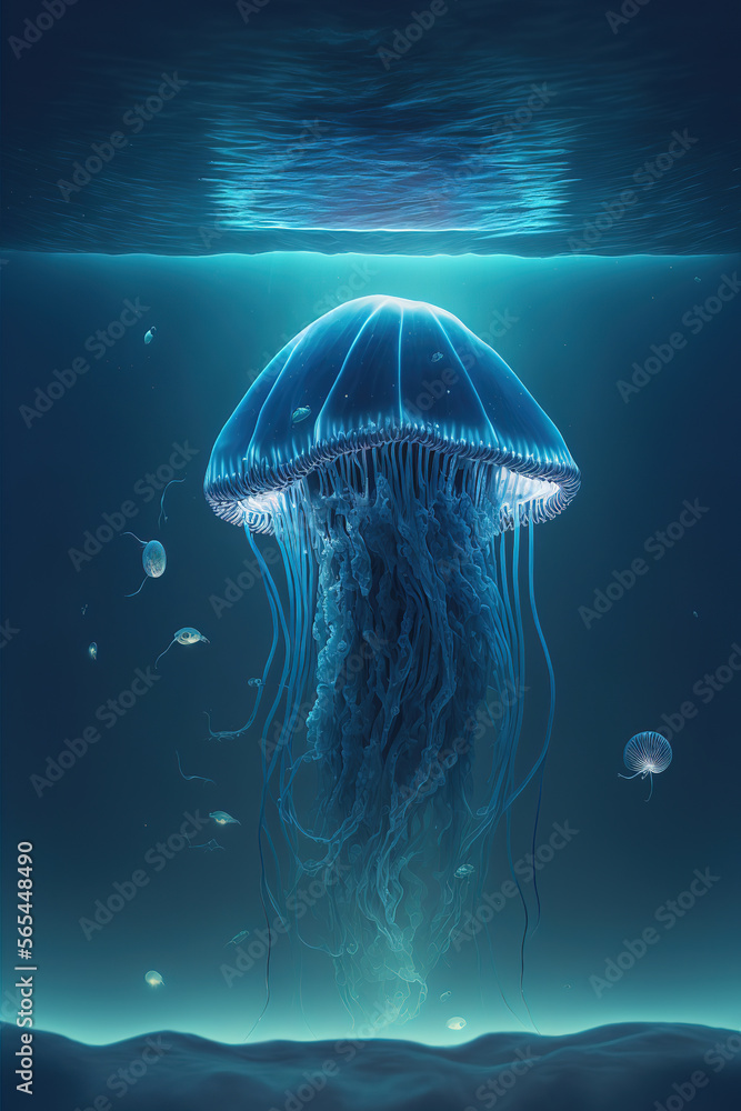 Fototapeta premium a jellyfish in the deep blue water, bioluminescence, art illustration 