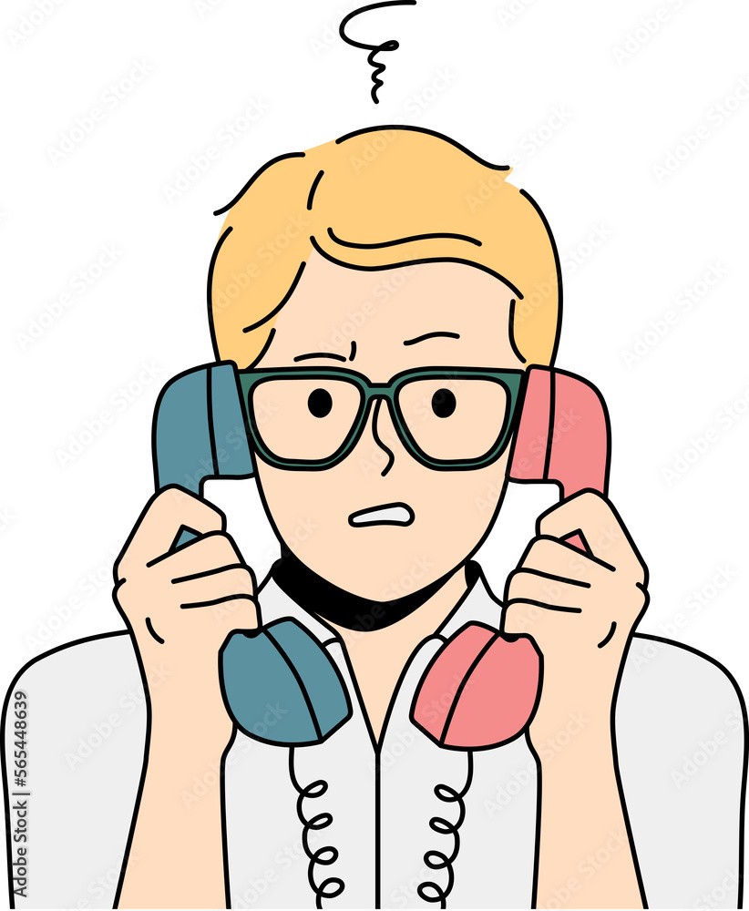 Unhappy man feel confused talking on landline phones Unhappy man feel confused talking on landline phones