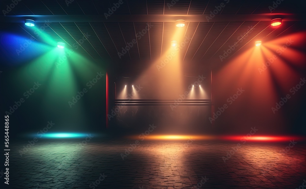 illustration of spotlights shine on stage floor in dark room, idea for background, backdrop, orange green red lights, Generative Ai
