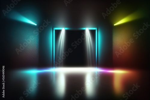 illustration of spotlights shine on stage floor in dark room, idea for background, backdrop, yellow blue light, Generative Ai
