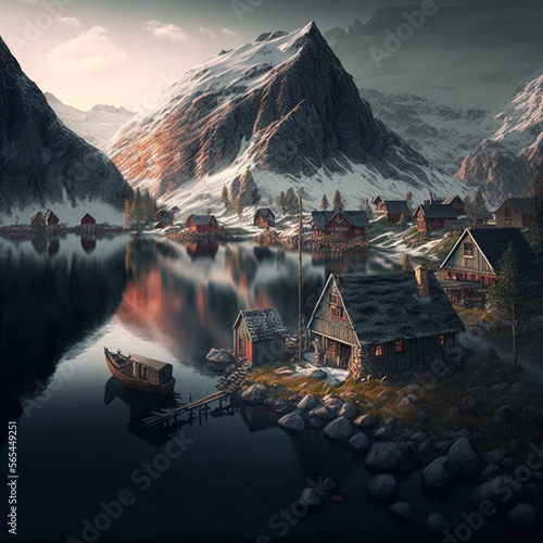 Beautiful, nordic mountain, village, cold and snow, lake with old houses, Generative Ai