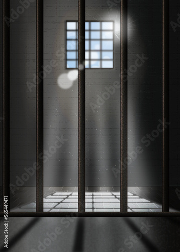A prison cell with window.Sun rays coming from a jail window.Prison window with bars