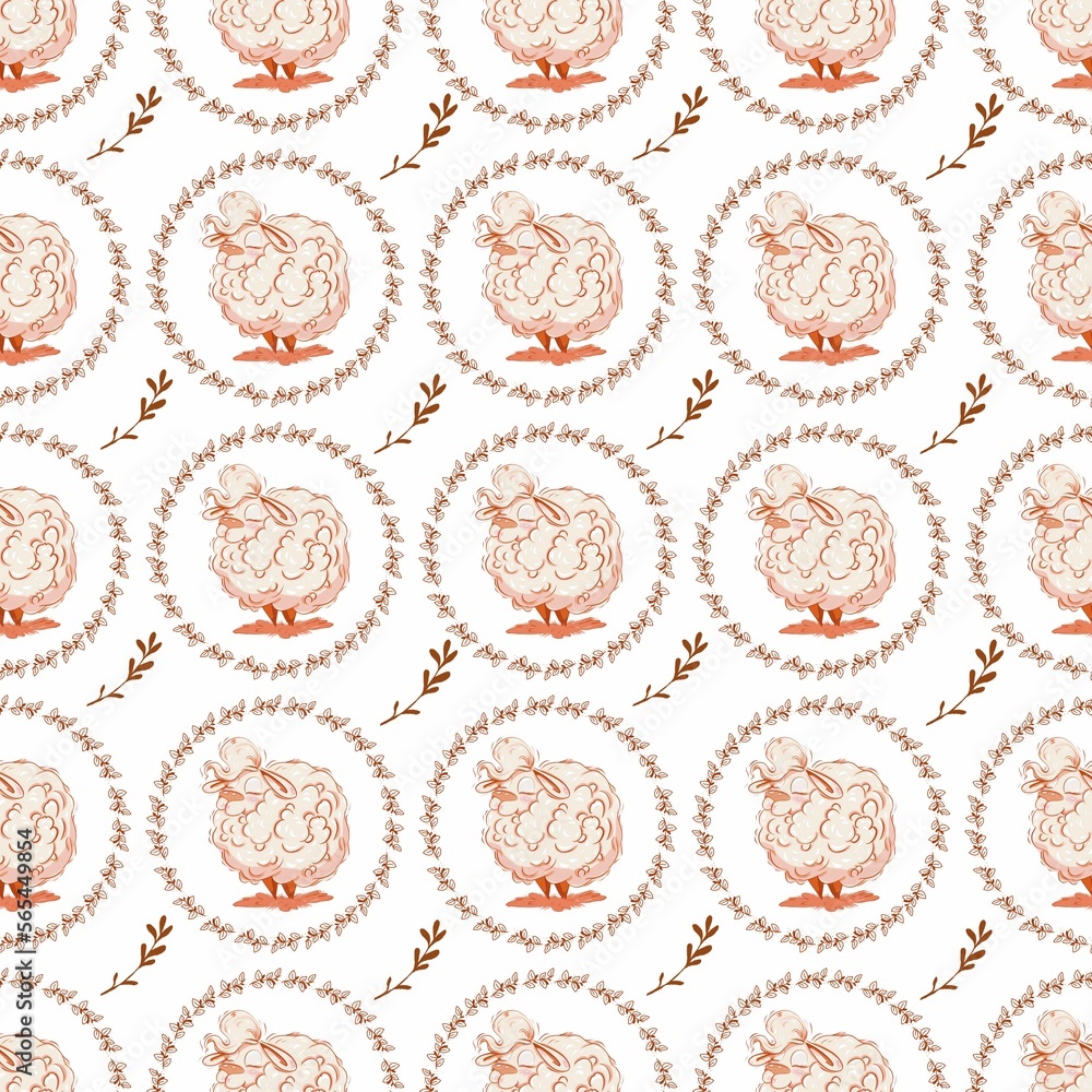 Seamless pattern. Sheep with leaves and branches. Drawn in digital
