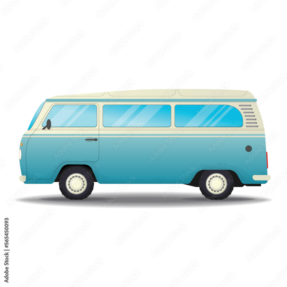 Old style two colors minivan. Side view of blue retro hippie bus. Realistic vector illustration. Vehicle and transport banner. Retro style old car from 60s or 70s. 