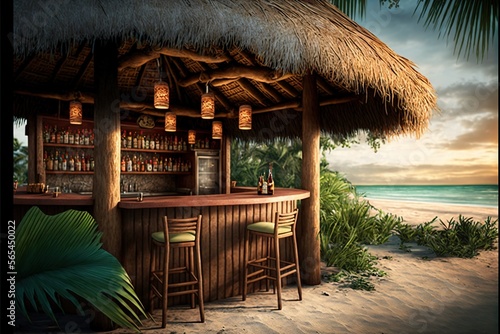  a bar with a tiki bar and a tropical beach scene in the background with palm trees and a sunset sky with clouds and a few clouds.  generative ai