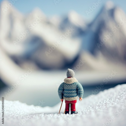 Tiny miniature alpine Nordic figure with cozy sweater. Generative AI