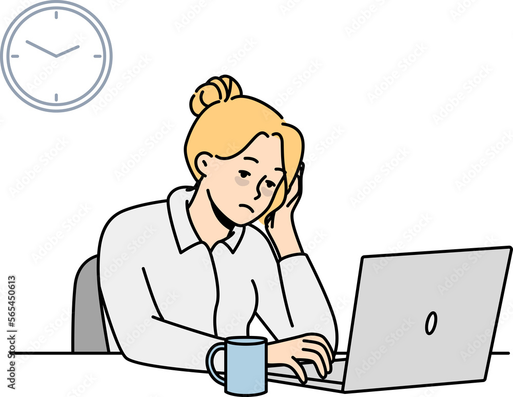 Tired female employee burnout at office desk Tired female employee burnout at office desk