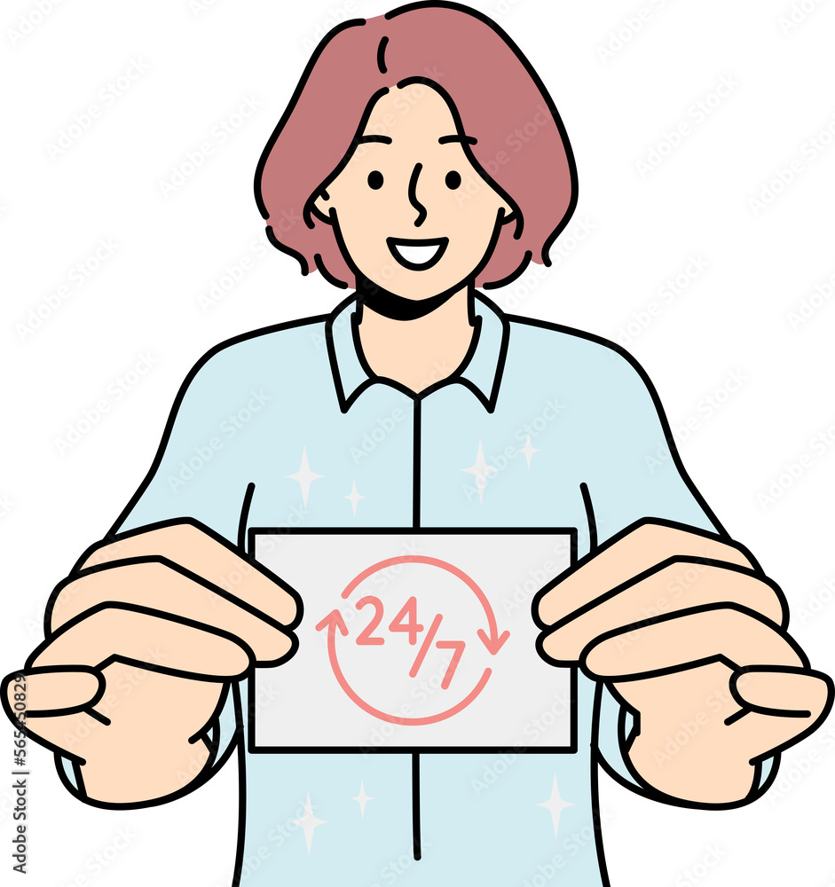 Smiling woman with business card for all day service Smiling woman with business card for all day service