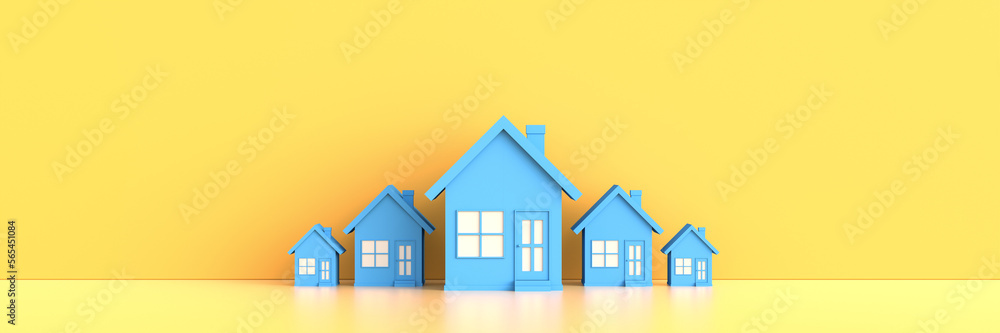 Blue house on yellow background with empty copy space. Hunting and searching concept. 3D Rendering