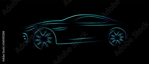 Modern sport car sketch line silhouette blue and green light isolated on black background in side view. Vector illustration in concept technology electric car  self drive car