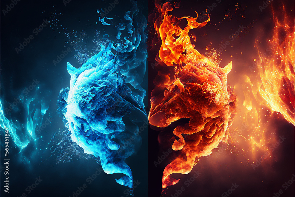Fire and ice on black background. Created with Generative AI. 