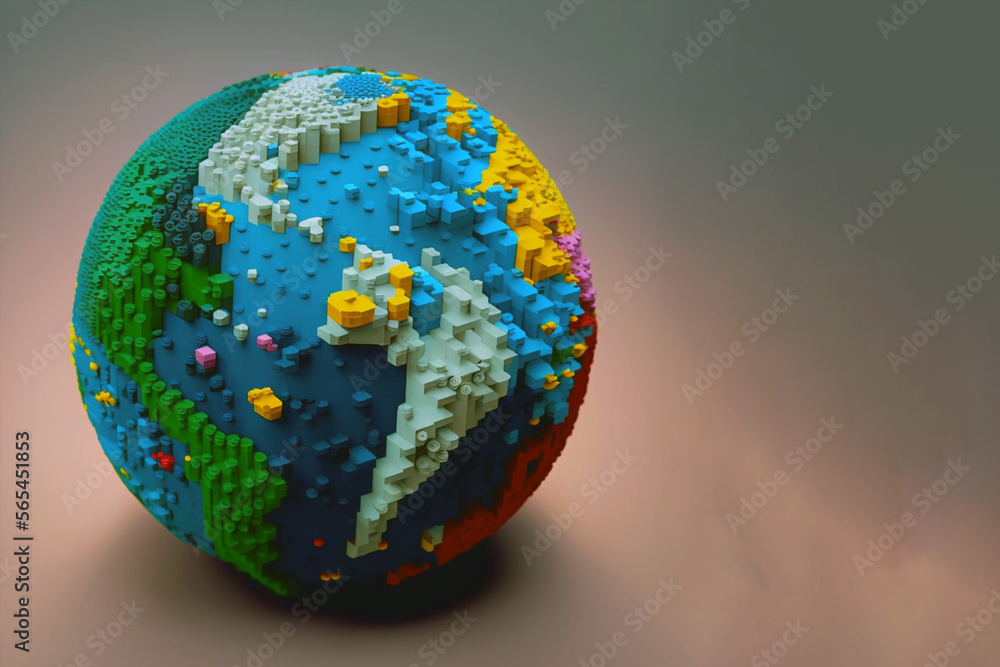 Earth planet made of Bricks styled toys isolated. - obrazy, fototapety, plakaty 