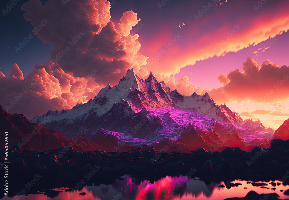 sunset in the mountains as oil painting created with Generative AI technology