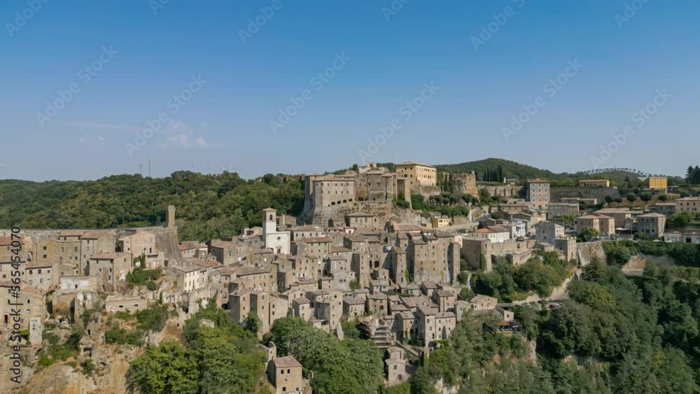 Sorano - ancient etruscan italian town in Tuscany in Italy. Aerial view from drone. Sorano - ancient etruscan italian town in Tuscany in Italy. Aerial view from drone.