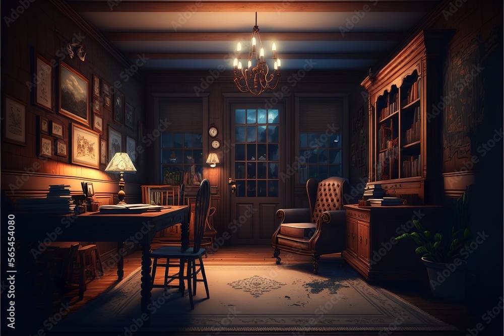 Country interior style study room at night with robust vintage looking natural wood desk and furnitures, with pictures and clock on the wall, illuminated bluntly with a table lamp