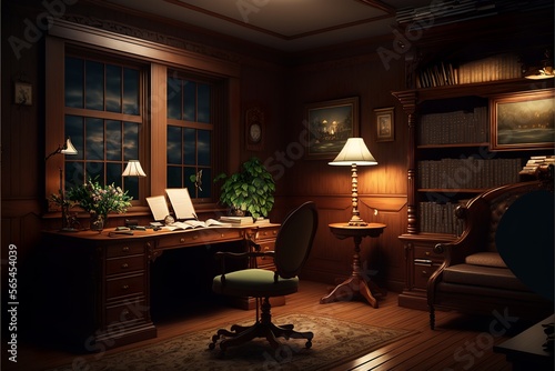 Country interior style study room at night with robust vintage looking natural wood desk and furnitures, with pictures and clock on the wall, illuminated bluntly with a table lamp