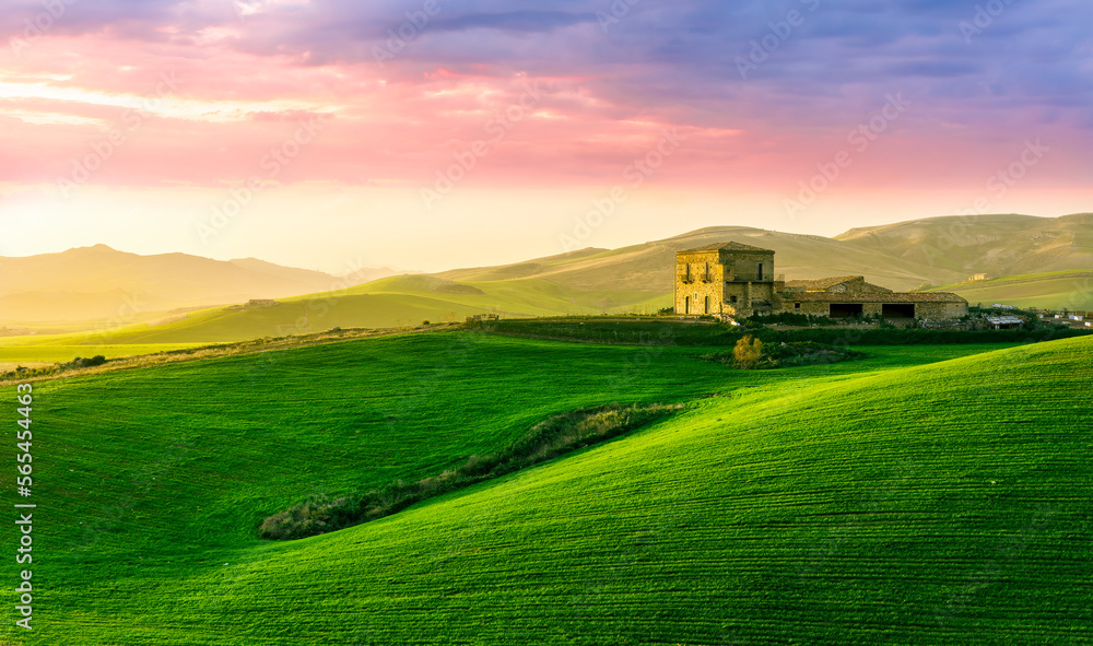 green field in countryside at sunset in the evening light. beautiful spring landscape in the mountains. grassy field and hills. rural scenery green field in countryside at sunset in the evening light. beautiful spring landscape in the mountains. grassy field and hills. rural scenery