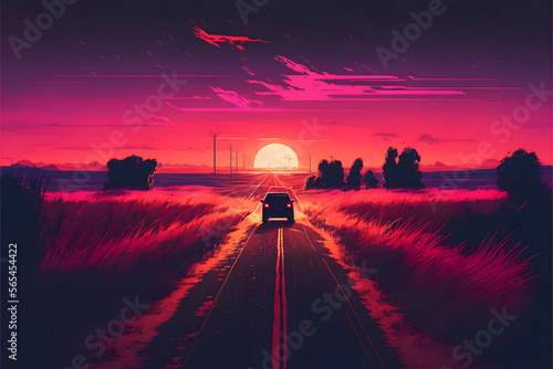 Synth Wave Sunset on the road, Landscape Background, Illustration generativ ai  © Luc.Pro