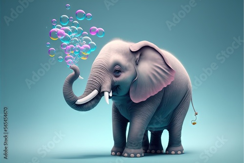  an elephant with bubbles in its trunk and a string of string on its trunk  standing in front of a blue background with bubbles in the air.  generative ai