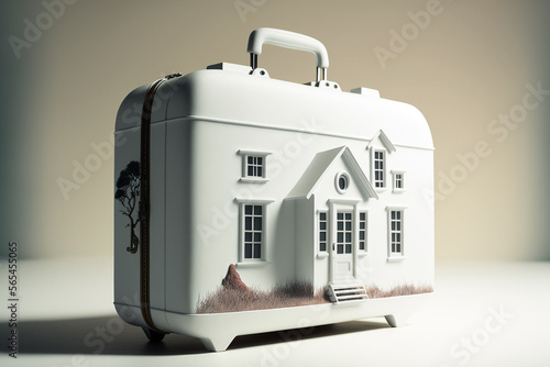 Isolated image of a luggage shaped as a house, concept of living out of a suitcase, my suitcase is my home - Generative AI photo