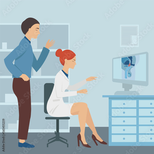 Andrologist in front of the monitor. Doctor and patient in the office. Vector illustration