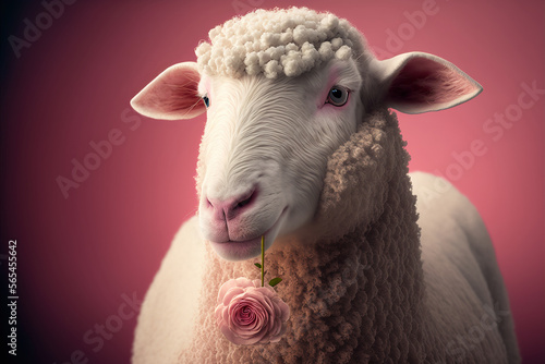 White Sheep Holding a Pink Rose in Its Mouth. Generative AI.
