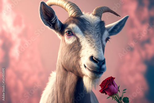 Grey and White Goat Sniffing a Red Rose. Generative AI.