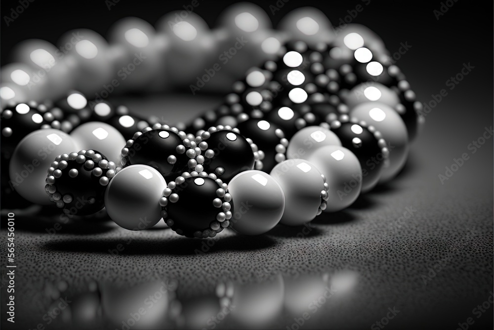 a black and white photo of a bracelet with pearls on it's end and a bead of pearls on the end of the bracelet. generative ai a black and white photo of a bracelet with pearls on it's end and a bead of pearls on the end of the bracelet. generative ai