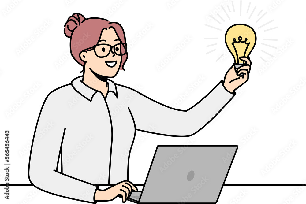 Businesswoman in glasses holds lit light bulb in front of her. Businesswoman in glasses holds lit light bulb in front of her.