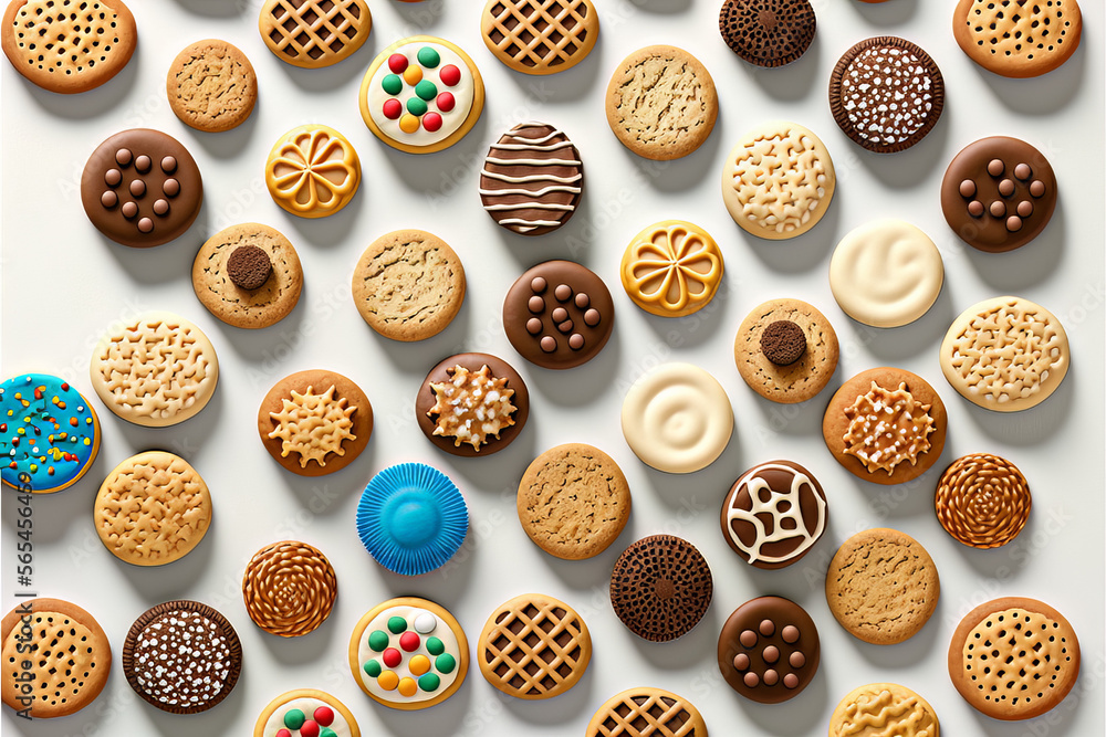 Many cookies tiled across white background Many cookies tiled across white background