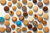 Many cookies tiled across white background