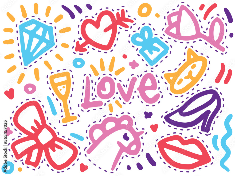 Vector set of handdrawn bright colored colorful stickers with dotted line to cut out. Gift sticker for lover. February 14. Valentine's Day. Love, heart, diamond, magic unicorn, red lips, bow, cat, 