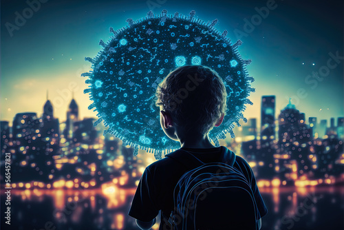 Silhouette of a child in front of a disturbing landscape of virus and modern city, a dystopian urban becoming a reality. photo