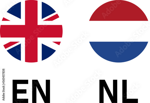Round Flag Selection Button Badge Icon Set with UK and Netherlands Flags with Language Codes EN and NL for English and Dutch. Vector Image.