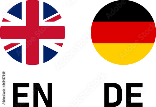 Round Flag Selection Button Badge Icon Set with UK and Germany Flags with Language Codes EN and DE for English and German. Vector Image.