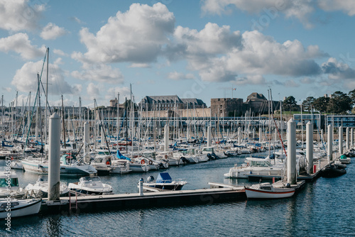 Port with yachts and a ship in the city of Brest in France