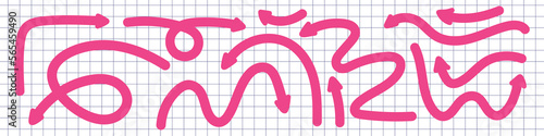 Dynamic arrows doodle set. Various playful arrow twist pink line elements. Quirky design direction. Flat vector isolated illustration