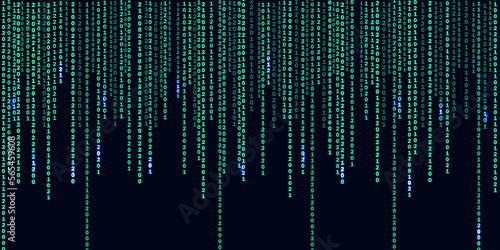 Matrix or binary code on the dark background with different vertical numbers and light. Big data visualization. Digital texture backdrop. Vector illustration.