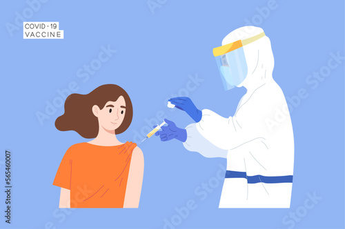 Young female got vaccinated from medical staff in PPE suit. COVID-19 vaccination. Virus prevention. Health care during coronavirus epidemic. Flat vector illustration character.