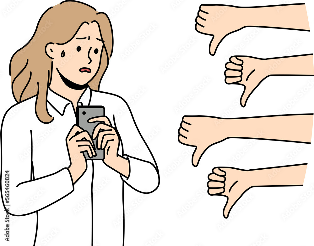Unhappy woman distressed with negative comments online Unhappy woman distressed with negative comments online