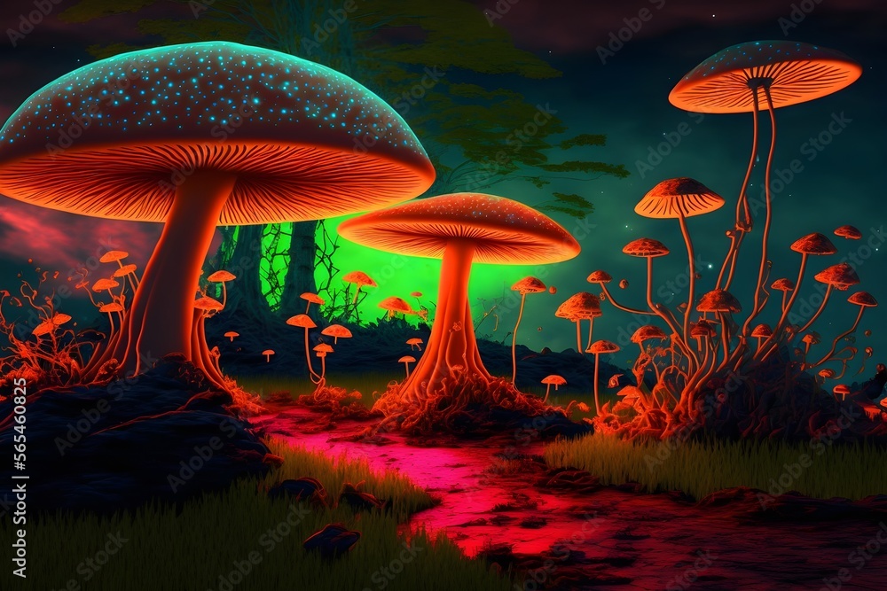 the landscape of glowing magic mushrooms