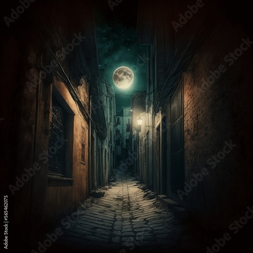 A dimly lit alley with a full moon in the background