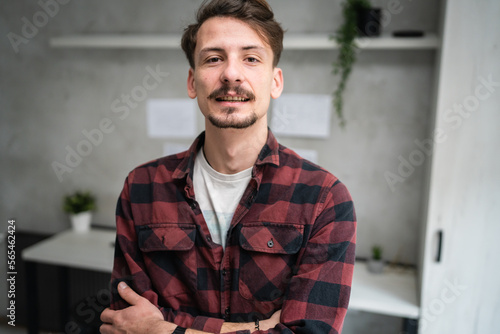 One man adult caucasian with mustaches and beard at work portrait