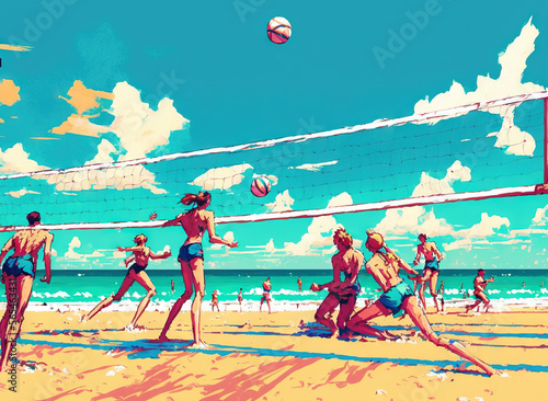  a group of people playing volleyball on a beach near the ocean and a volleyball net in the air with a sky background and clouds in the background. generative ai